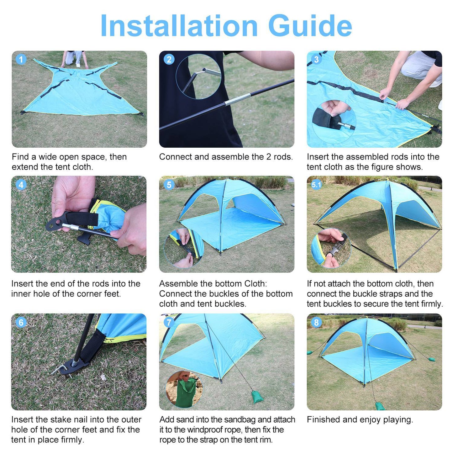 1Pc 4-6 Person Beach Tent Canopy With 3 Door Openings Waterproof