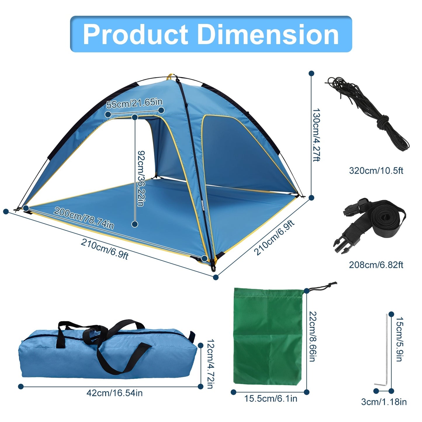 1Pc 4-6 Person Beach Tent Canopy With 3 Door Openings Waterproof