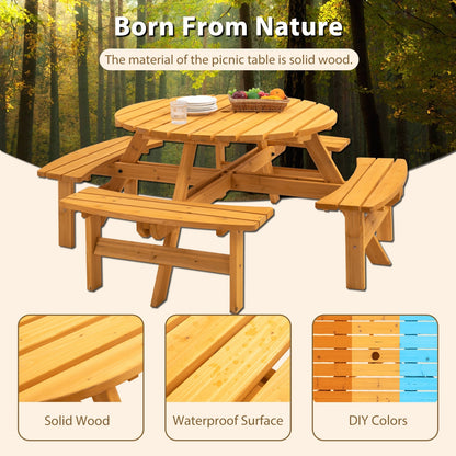 8 Person Wooden Picnic Table Outdoor Camping With 4 Built-in Benches