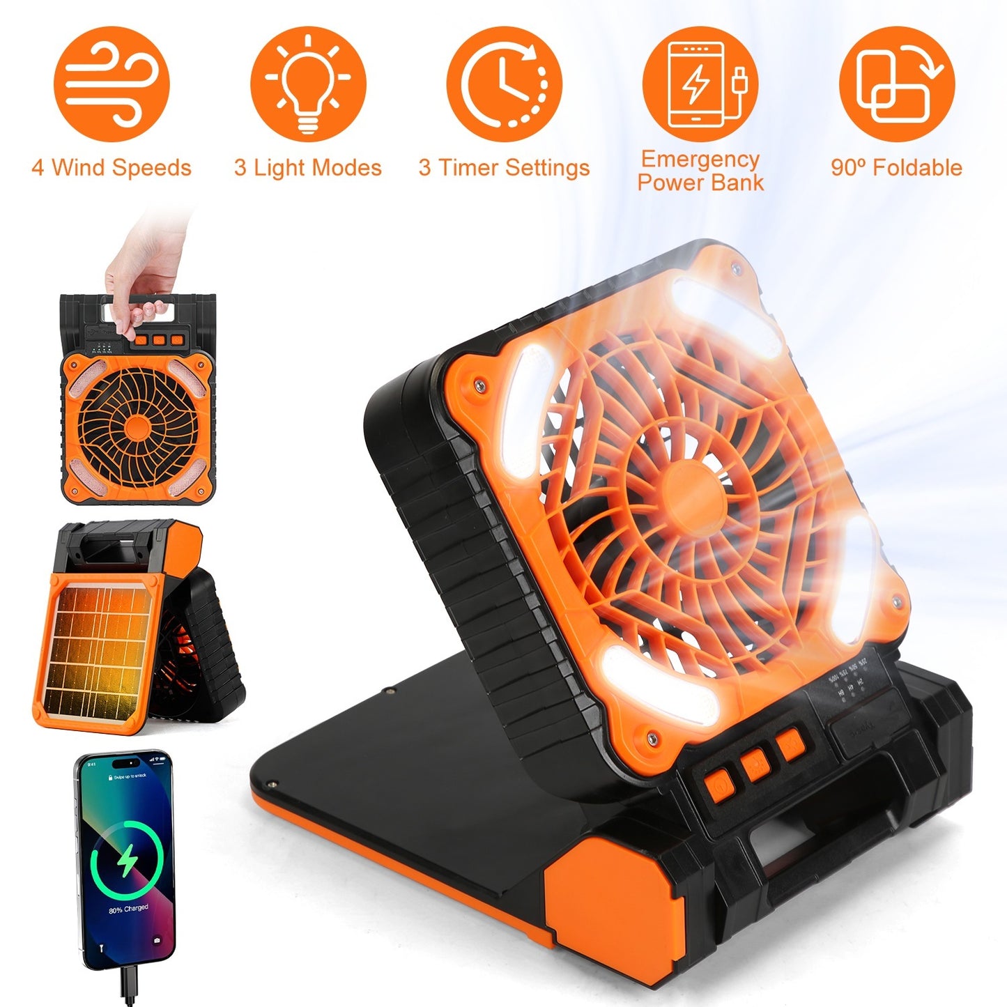 1Pc Solar Camping Fan With LED Lantern 5200mAh Rechargeable Battery