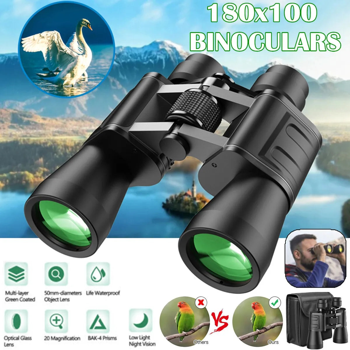 180x100 Military Binoculars – HD, Night Vision, Waterproof