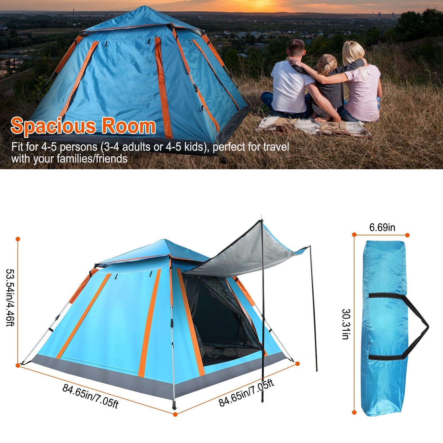 1Pc 4-5 Person Camping Tent With 2 Mosquito Nets Windows Carry Bag Waterproof 7.05x7.05x4.46ft