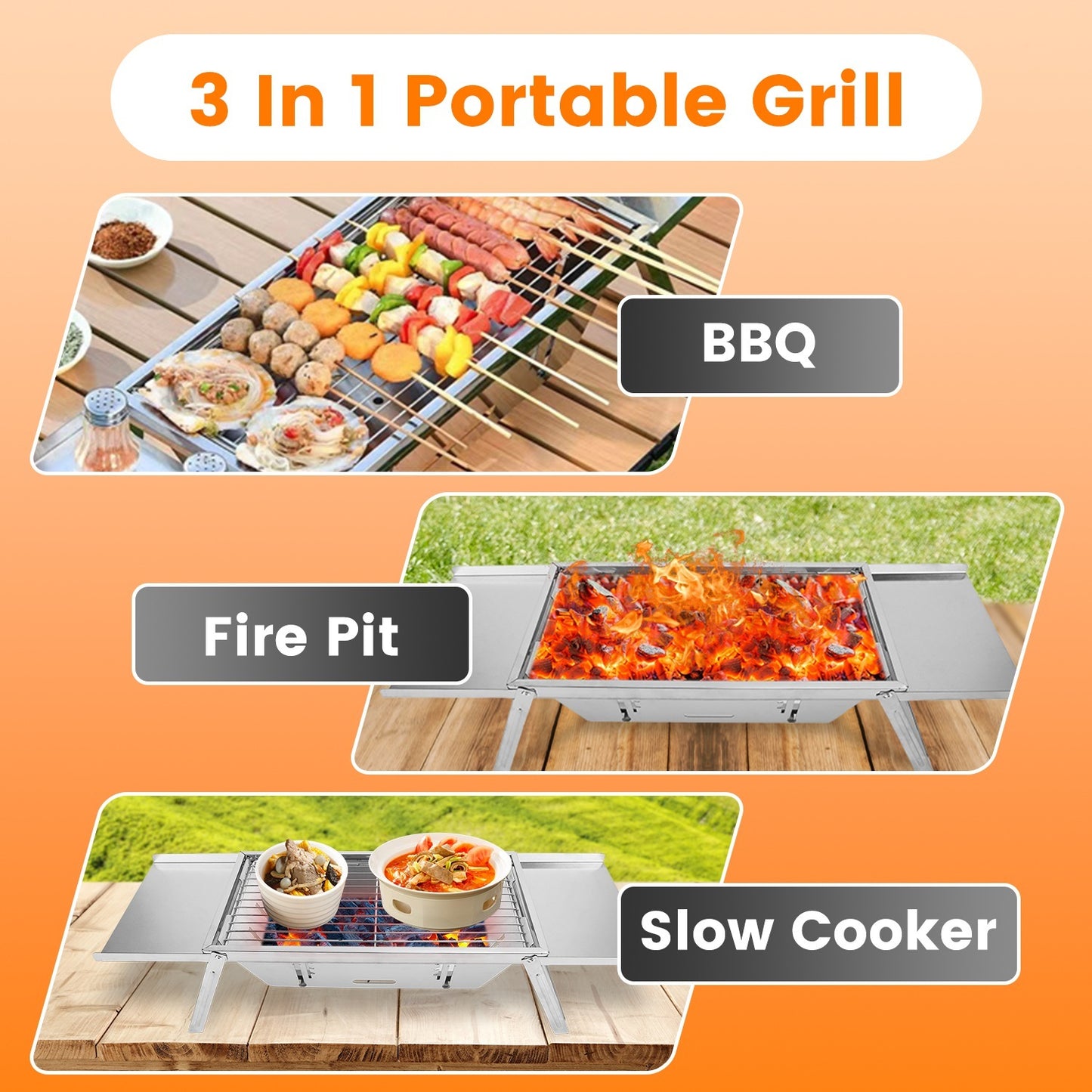 1 Set 3 In 1 Foldable Charcoal Grill Fire