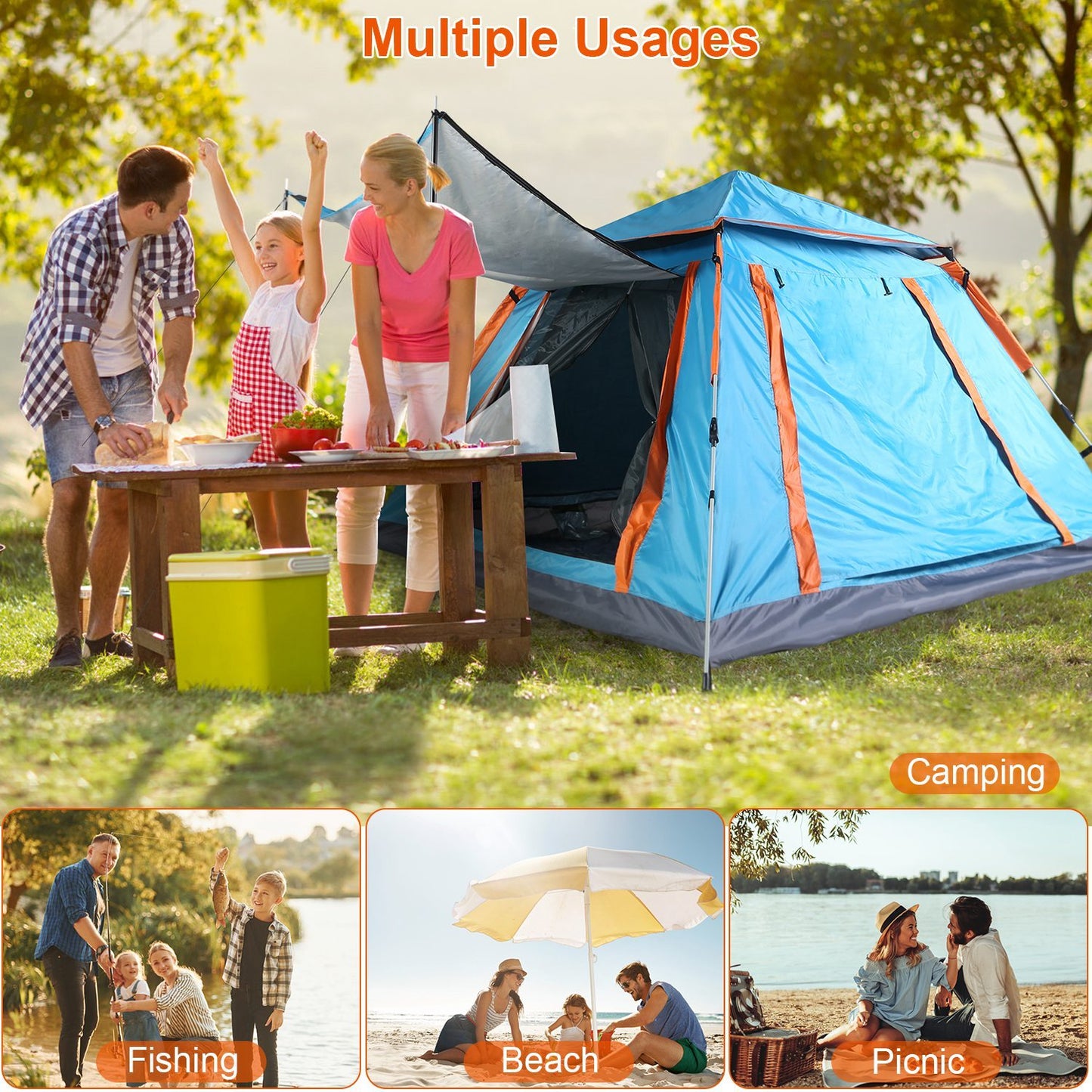1Pc 4-5 Person Camping Tent With 2 Mosquito Nets Windows Carry Bag Waterproof 7.05x7.05x4.46ft